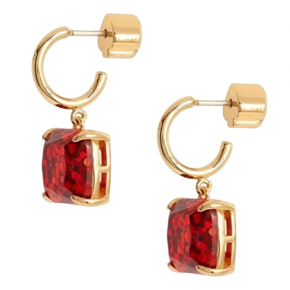 KATE SPADE • Squared Away Red Glitter Huggies Hoop Earrings - Picture 4 of 5